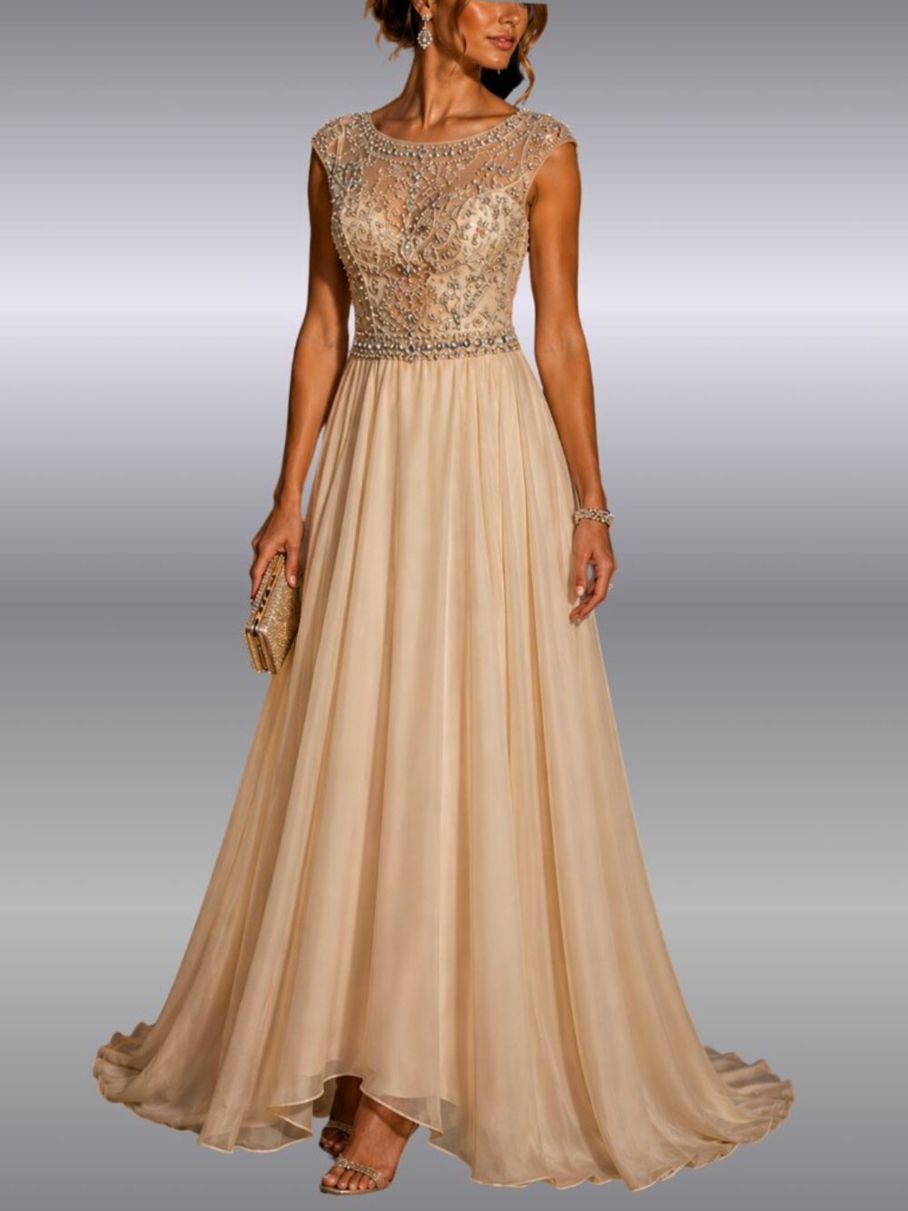 Jovani Champagne Beaded Illusion Chiffon Formal Gown 6 Train Gala Black Tie